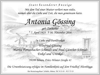 Traueranzeige von Antonia Gössing von Lüner Anzeiger