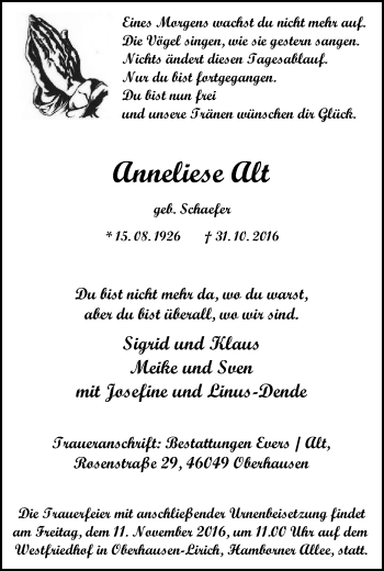 Traueranzeige von Anneliese Alt von Wochen-Anzeiger Oberhausen