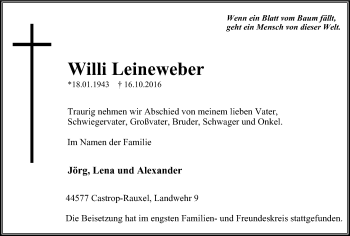 Traueranzeige von Willi Leineweber von Stadtanz.Castrop-Rauxel