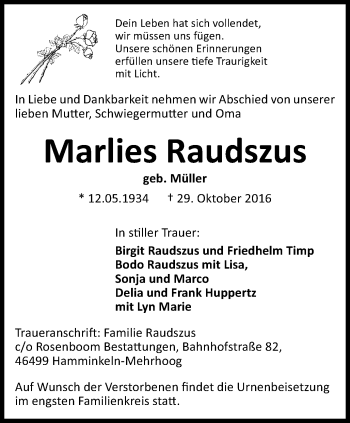 Traueranzeige von Marlies Raudszus von Der Weseler + Der Xantener