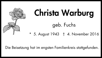 Traueranzeige von Christa Warburg von Borbeck Kurier