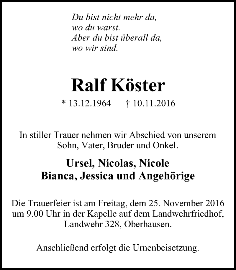 Traueranzeigen Von Ralf Köster 