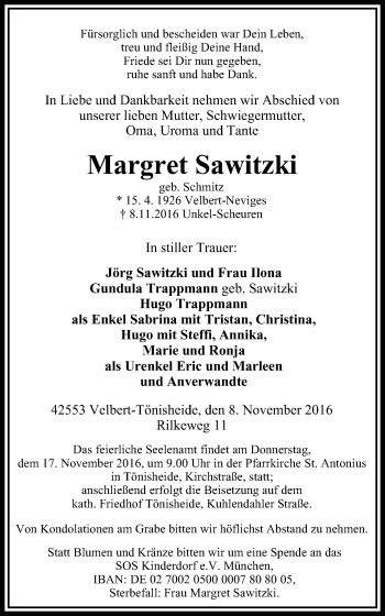Traueranzeige von Margret Sawitzki von Stadtanzeiger Velbert + Heiligenhaus
