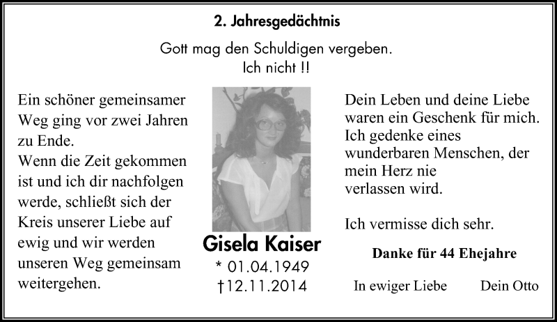  Traueranzeige für Gisela Kaiser vom 12.11.2016 aus Klever Wochenblatt