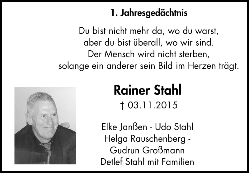  Traueranzeige für Rainer Stahl vom 02.11.2016 aus Wochen-Anzeiger Oberhausen