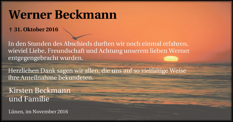  Traueranzeige für Werner Beckmann vom 26.11.2016 aus Lüner Anzeiger