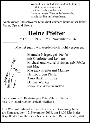 Traueranzeige von Heinz Pfeifer von Wochen-Anzeiger Oberhausen