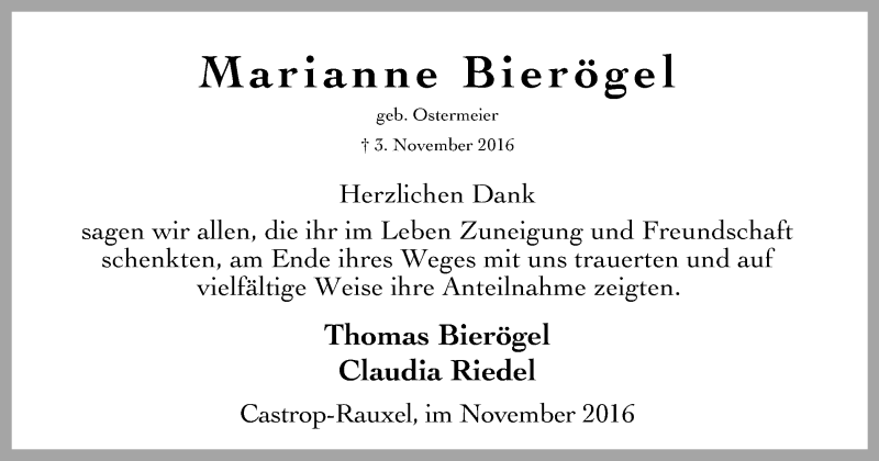  Traueranzeige für Marianne Bierögel vom 26.11.2016 aus Stadtanz.Castrop-Rauxel