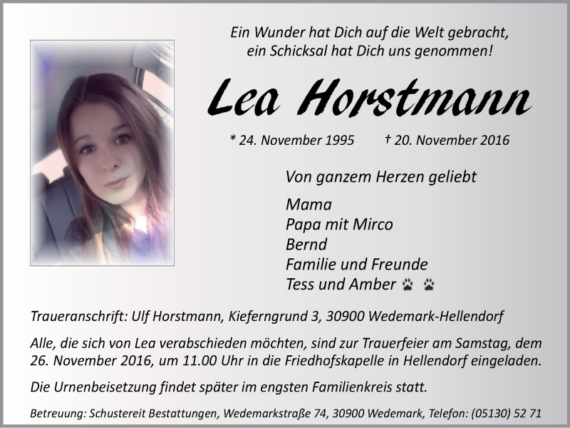  Traueranzeige für Lea Horstmann vom 23.11.2016 aus Stadtanzeiger Emmerich/Rees/Isselburg