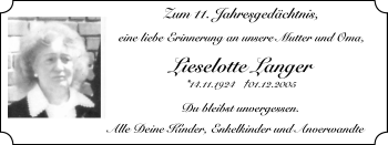 Traueranzeige von Lieselotte Langer von Wochen-Anzeiger Oberhausen