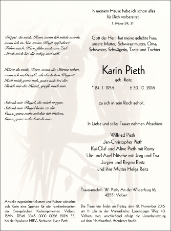 Traueranzeige von Karin Pieth von Stadtanzeiger Velbert + Heiligenhaus