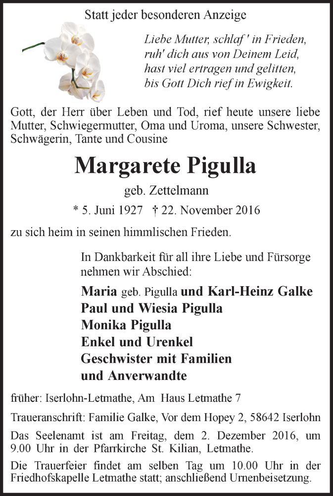  Traueranzeige für Margarete Pigulla vom 26.11.2016 aus Stadtspiegel Iserlohn + Hemer