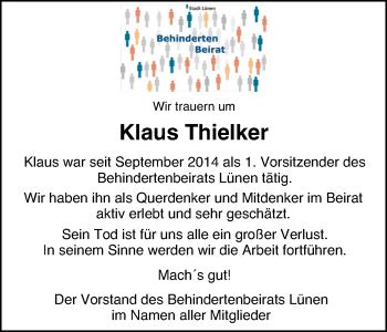Traueranzeige von Klauas Thielker von Lüner Anzeiger
