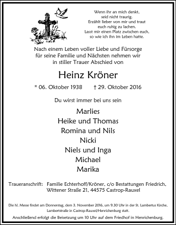 Traueranzeige von Heinz Kröner von Stadtanz.Castrop-Rauxel