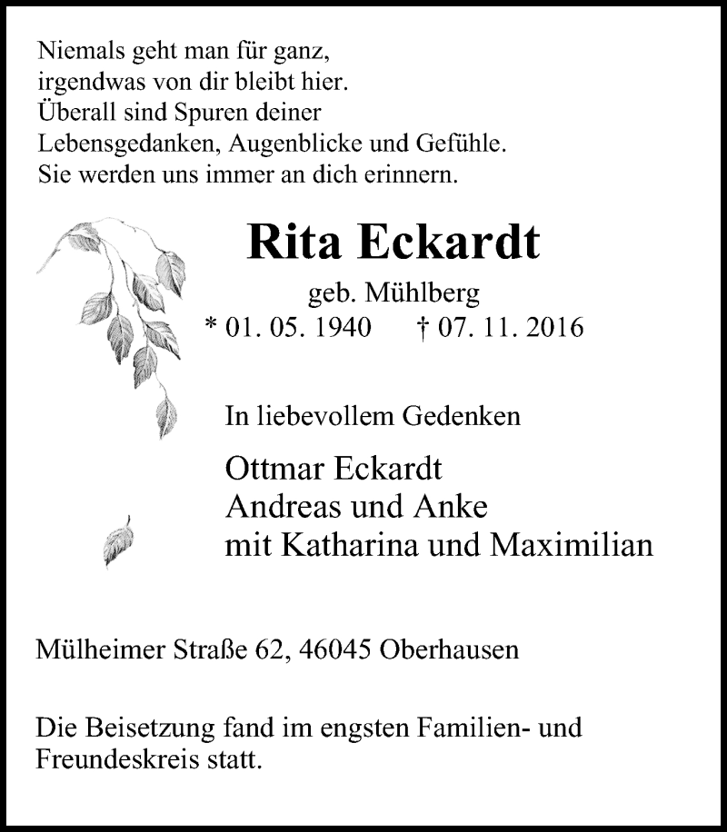  Traueranzeige für Rita Eckardt vom 19.11.2016 aus Wochen-Anzeiger Oberhausen