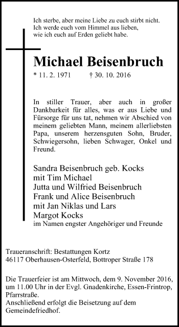 Traueranzeige von Michael Beisenbruch von Wochen-Anzeiger Oberhausen