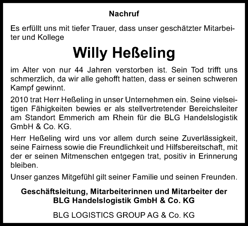  Traueranzeige für Willy Heßeling vom 30.11.2016 aus Stadtanzeiger Emmerich/Rees/Isselburg + Klever Wochenblatt
