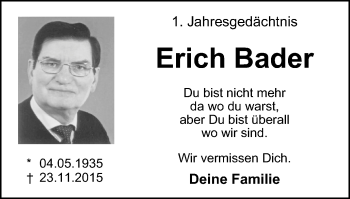 Traueranzeige von Erich Bader von Wochen-Anzeiger Langenfeld/Monheim/Hilden