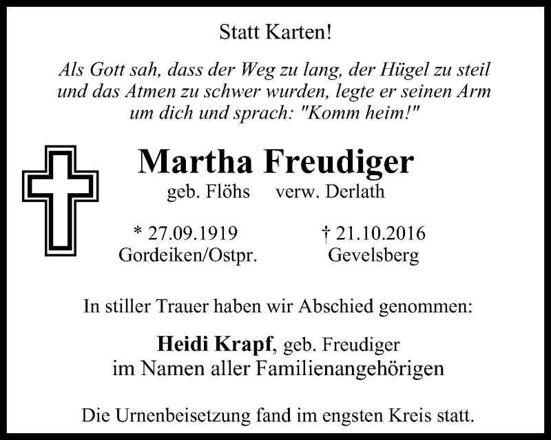  Traueranzeige für Martha Freudiger vom 23.11.2016 aus Stadtspiegel Re+Marl+Dat+Herten