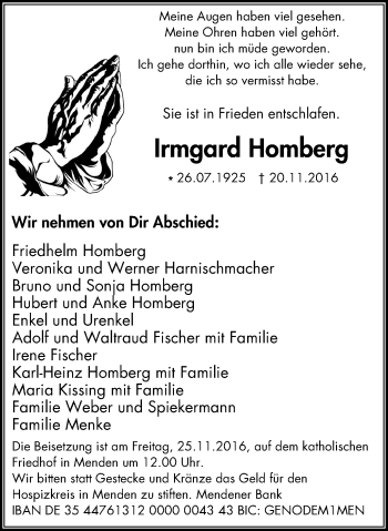 Traueranzeige von Irmgard Homberg von Stadtspiegel Menden + Froendenberg
