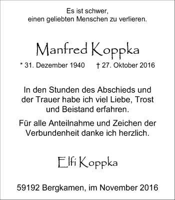 Traueranzeige von Manfred Koppka von Stadtspiegel Kamen + Unna