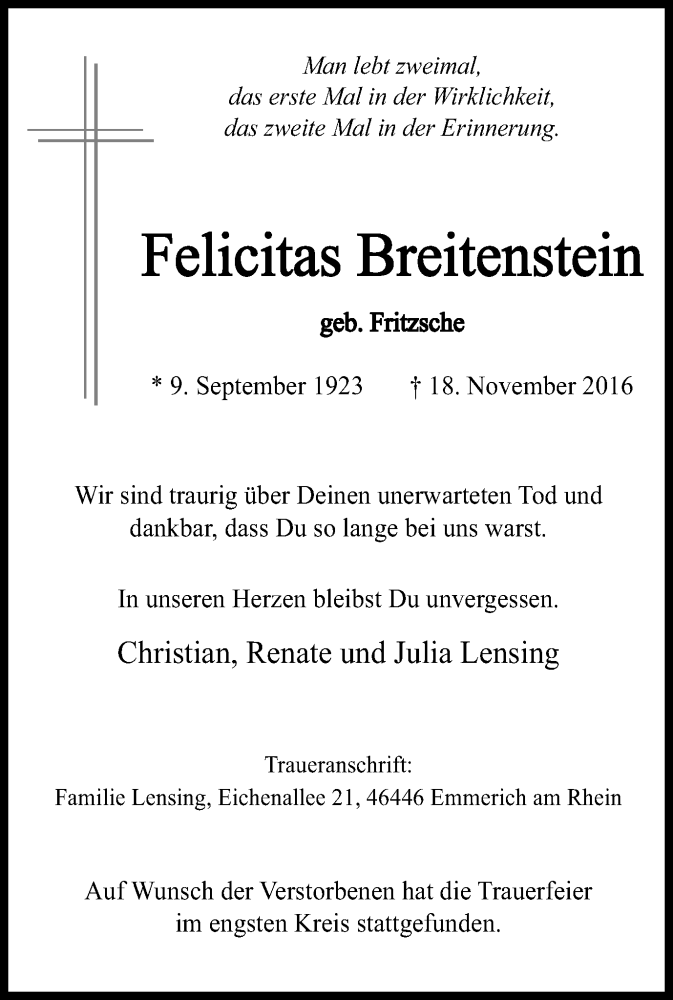  Traueranzeige für Felicitas Breitenstein vom 30.11.2016 aus Stadtanzeiger Emmerich/Rees/Isselburg