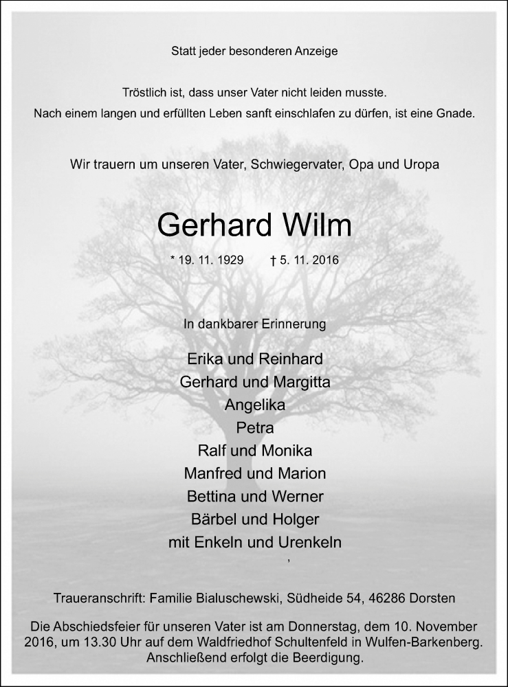  Traueranzeige für Gerhard Wilm vom 09.11.2016 aus Stadtspiegel Haltern + Dorsten