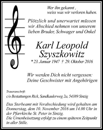 Traueranzeige von Karl Leopold Szyszkowitz von Stadtspiegel Kamen + Unna