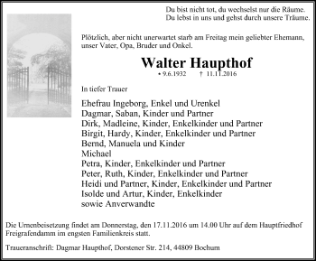Traueranzeige von Walter Haupthof von Stadtspiegel Bochum