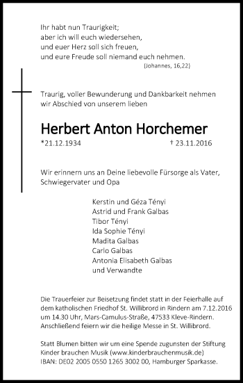 Traueranzeige von Herbert Anton Horchemer von Klever Wochenblatt