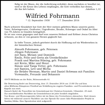 Traueranzeige von Wilfried Fohrmann von Mülheimer Woche