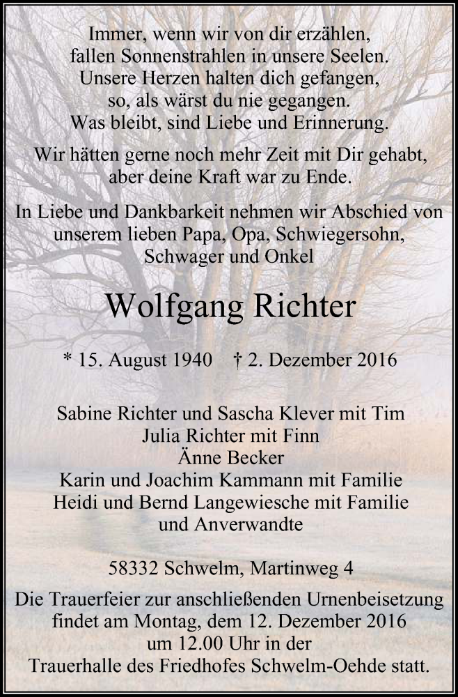  Traueranzeige für Wolfgang Richter vom 10.12.2016 aus wap Schwelm/Gevelsberg/Ennepetal
