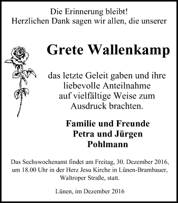Traueranzeige von Grete Wallenkamp von Lüner Anzeiger