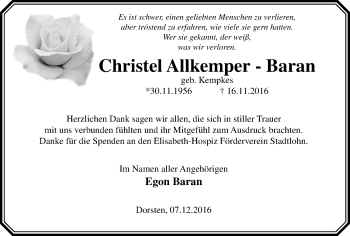 Traueranzeige von Christel Allkemper-Baran von Stadtspiegel Haltern + Dorsten