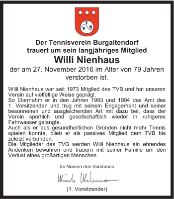 Traueranzeige von Willi Nienhaus von Ruhr Kurier