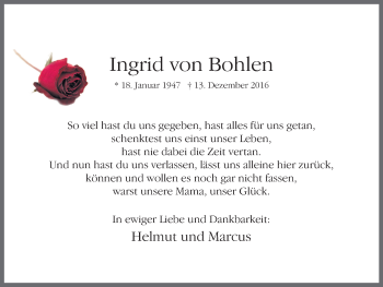 Traueranzeige von Ingrid von Bohlen von Lüner Anzeiger