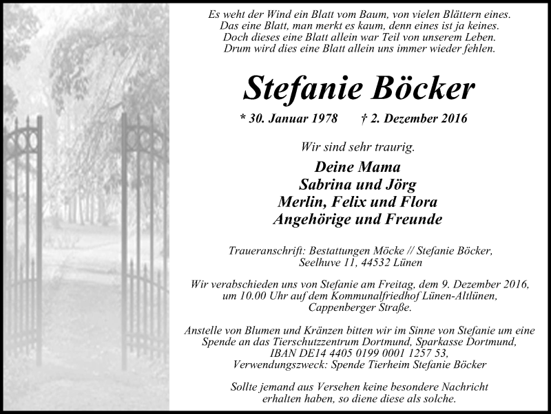  Traueranzeige für Stefanie Böcker vom 07.12.2016 aus Lüner Anzeiger