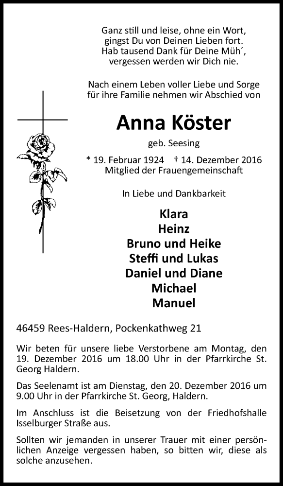 Traueranzeige für Anna Köster vom 17.12.2016 aus Stadtanzeiger Emmerich/Rees/Isselburg