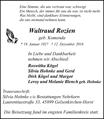 Traueranzeige von Waltraud Rozien von Stadtspiegel Gelsenkirchen