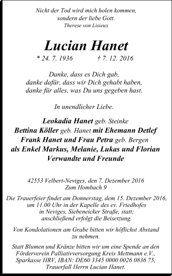 Traueranzeige von Lucian Hanet von Stadtanzeiger Velbert + Heiligenhaus