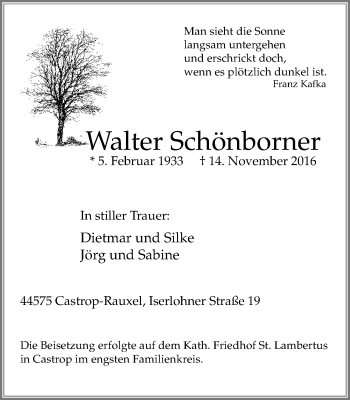 Traueranzeige von Walter Schönborner von Stadtanz.Castrop-Rauxel