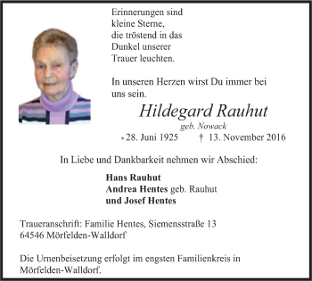 Traueranzeige von Hildegard Rauhut von Stadtanzeiger Velbert + Heiligenhaus