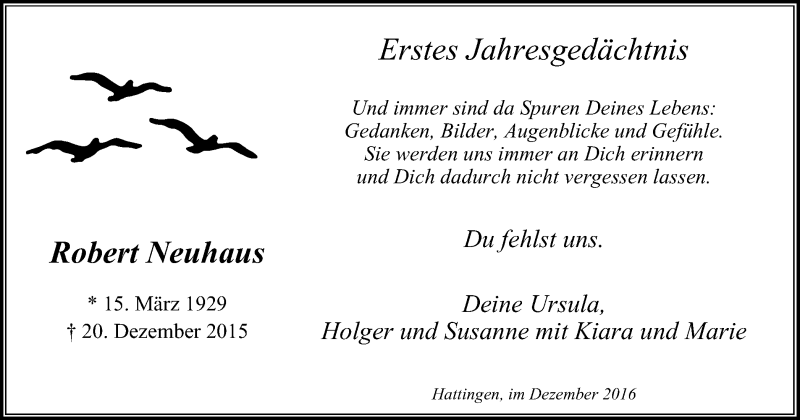  Traueranzeige für Robert Neuhaus vom 21.12.2016 aus Stadtspiegel Hattingen/Niedersprockhövel