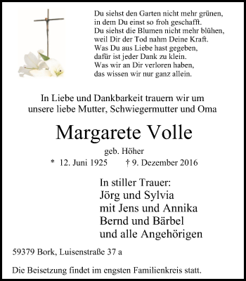 Traueranzeige von Margarete Volle von Lüner Anzeiger