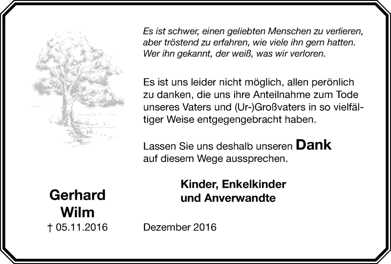  Traueranzeige für Gerhard Wilm vom 28.12.2016 aus Stadtspiegel Haltern + Dorsten