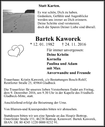 Traueranzeige von Bartek Kaworek von Stadtspiegel Gladbeck