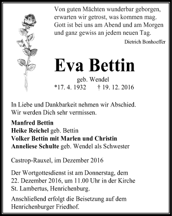Traueranzeige von Eva Bettin von Stadtanz.Castrop-Rauxel