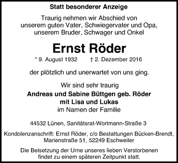 Traueranzeige von Ernst Röder von Lüner Anzeiger