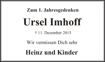 Traueranzeige von Ursel Imhoff von Mülheimer Woche