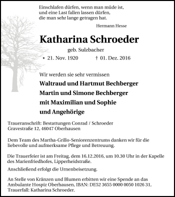 Traueranzeige von Katharina Schroeder von Wochen-Anzeiger Oberhausen